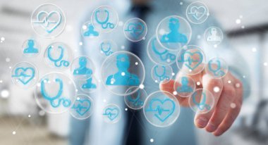 Modern tıbbi arabirimi 3d işlemesini kullanan iş adamı