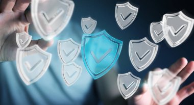 Modern veri kalkan virüsten koruma 3d işlemesini kullanan iş adamı