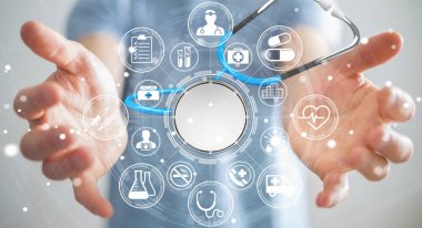 Holding ve kayan stetoskop 3d renderi dokunmadan işadamı