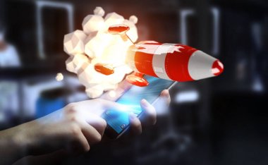 Kırmızı roket onun el 3d render tutan işadamı