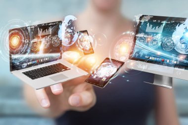 Teknik cihazlar işkadını 3d renderi ile birbirine bağlı