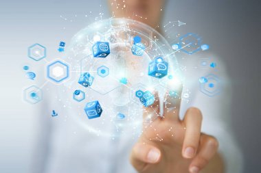 Uçan Dünya ağ arabirimi 3d işlemesini kullanan iş kadını