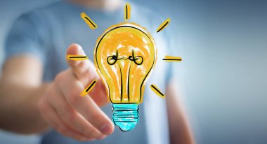 Holding ve bir ampul dokunmadan işadamı kroki