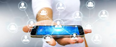 Telefon 3d renderin sosyal ağ bağlantısı kullanarak iş adamı