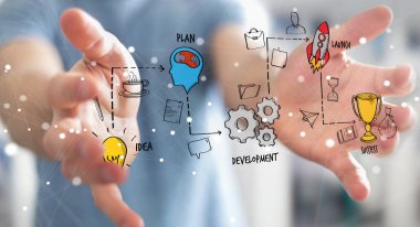 Eliyle el yazması proje sunum kullanarak iş adamı