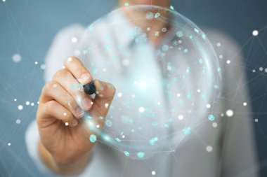 Hologram veriler dijital küre ile bir kalemi işkadını 3d