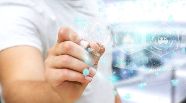 İşadamı kalem 3d rendering ile dijital Sağlık Küre kullanarak