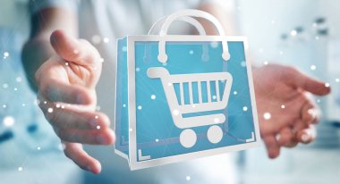 Dijital alışveriş simgeleri 3B oluşturmayı kullanarak iş adamı