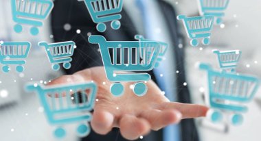 Dijital alışveriş simgeleri 3B oluşturmayı kullanarak iş adamı