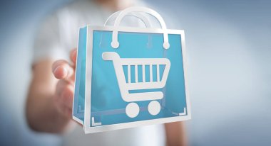 Dijital alışveriş simgeleri 3B oluşturmayı kullanarak iş adamı