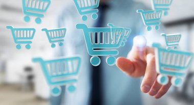 Dijital alışveriş simgeleri 3B oluşturmayı kullanarak iş adamı