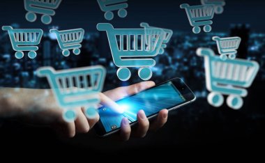 Dijital alışveriş simgeleri 3B oluşturmayı kullanarak iş adamı