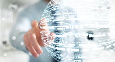 Hologram küre 3d render dokunmadan işadamı