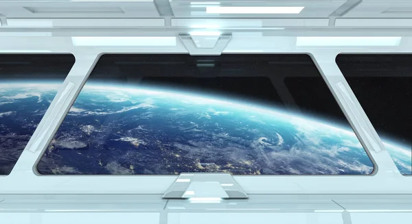 Ruimteschip corridor met zicht op de planeet aarde 3d rendering el — Stockfoto