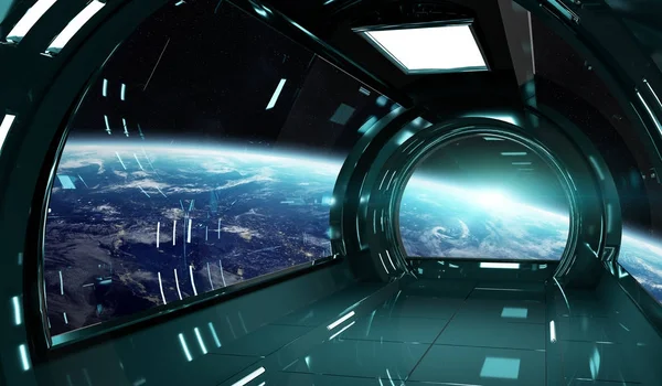 太空飞船内部与地球上的视图 3d 渲染 t 中的元素 — 图库照片