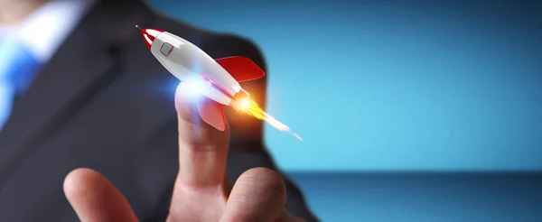 Бизнесмен держит и трогает ракету 3D рендеринга — стоковое фото