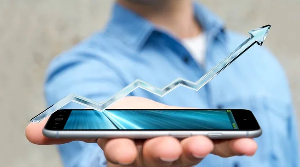 Podnikatel, drží digitální modrá šipka 3d vykreslování — Stock fotografie