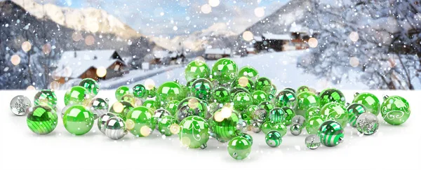 Green and white christmas baubles 3D rendering