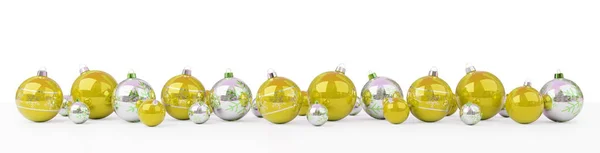 Золотые и белые рождественские безделушки выстроились в линию 3D рендеринга — стоковое фото