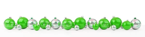Зеленые и белые рождественские безделушки выстроились в линию 3D рендеринга — стоковое фото