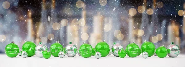 Green and white christmas baubles lined up 3D rendering