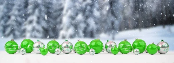 Groene en witte kerstballen rijtje van 3D-rendering — Stockfoto