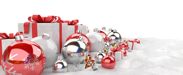 Красно-белые рождественские подарки и безделушки выстроились в линию 3D рендеринга — стоковое фото