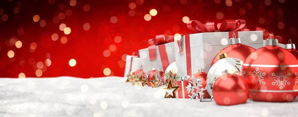 Red and white christmas gifts and baubles lined up 3D rendering — Stock Photo, Image