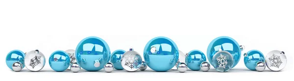 Голубые и белые рождественские безделушки выстроились в линию 3D рендеринга — стоковое фото