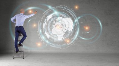 Bir duvar 3d re dijital planet earth arabirimini kullanarak iş adamı