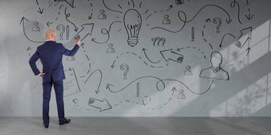 Bir proje çizim işadamı bir duvar 3d render kroki