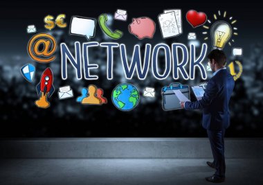 İş adamı izlerken sosyal ağ kroki üzerinde bir çatı 3d rende