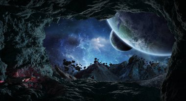 Asteroid bir mağarada keşfetmek astronotlar 3d işleme öğeleri