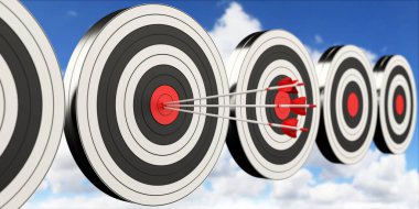 3D render hedef siyah beyaz ve kırmızı hedef oklarla