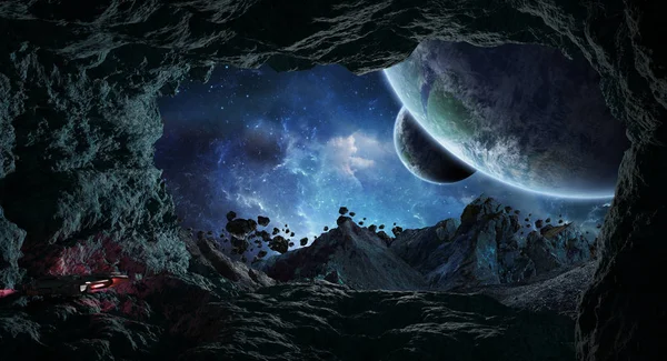 Astronauts exploring a cave in asteroid 3D rendering elements of — Stock Photo, Image
