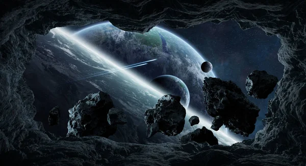 この惑星 3 d レンダリング要素に近い飛行小惑星 — ストック写真