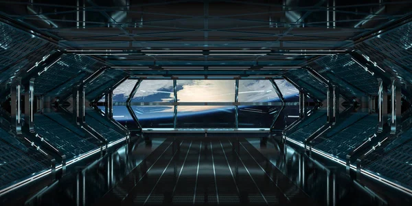 Interior de la nave espacial con vista a la Tierra 3D elementos de renderizado de t — Foto de Stock