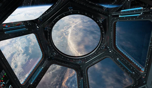 Vue de la planète Terre depuis une fenêtre de la station spatiale rendu 3D el — Photo