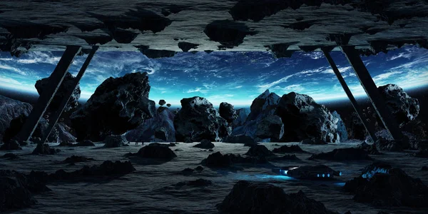 Astronautas explorando una nave espacial asteroide 3D elementos de renderización — Foto de Stock