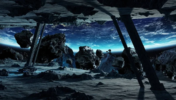 Astronauti objevování asteroidů loď 3d vykreslování prvků — Stock fotografie