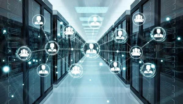 Social network over server room data center 3D rendering — Stock Photo, Image