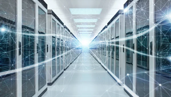 Centro de sala de servidores que intercambia datos cibernéticos renderizado 3D — Foto de Stock