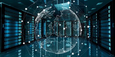 Dünya ağ sunucusu Oda veri merkezi 3d render üzerinde uçan