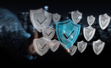 Modern veri kalkan virüsten koruma 3d işlemesini kullanan iş adamı