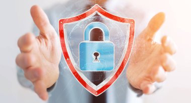 Modern veri kalkan virüsten koruma 3d işlemesini kullanan iş adamı