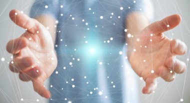 Uçan ağ bağlantısı arabirimi 3d renderi kullanarak iş adamı