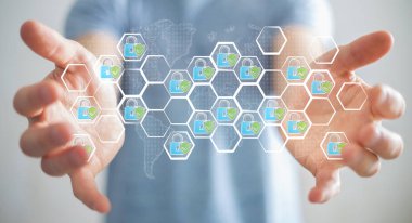 Elle çizilmiş bir virüsten koruma sistemi tutan işadamı