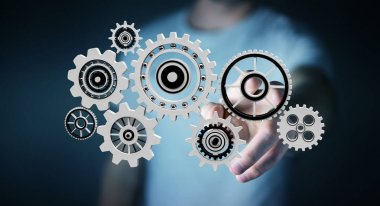 Onun el 3d renderin kayan dişli simgeleri dokunmadan işadamı