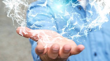 Uçan ağ bağlantısı 3d render tutan işadamı