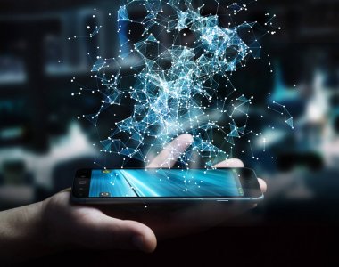 Uçan ağ bağlantısı 3d render tutan işadamı